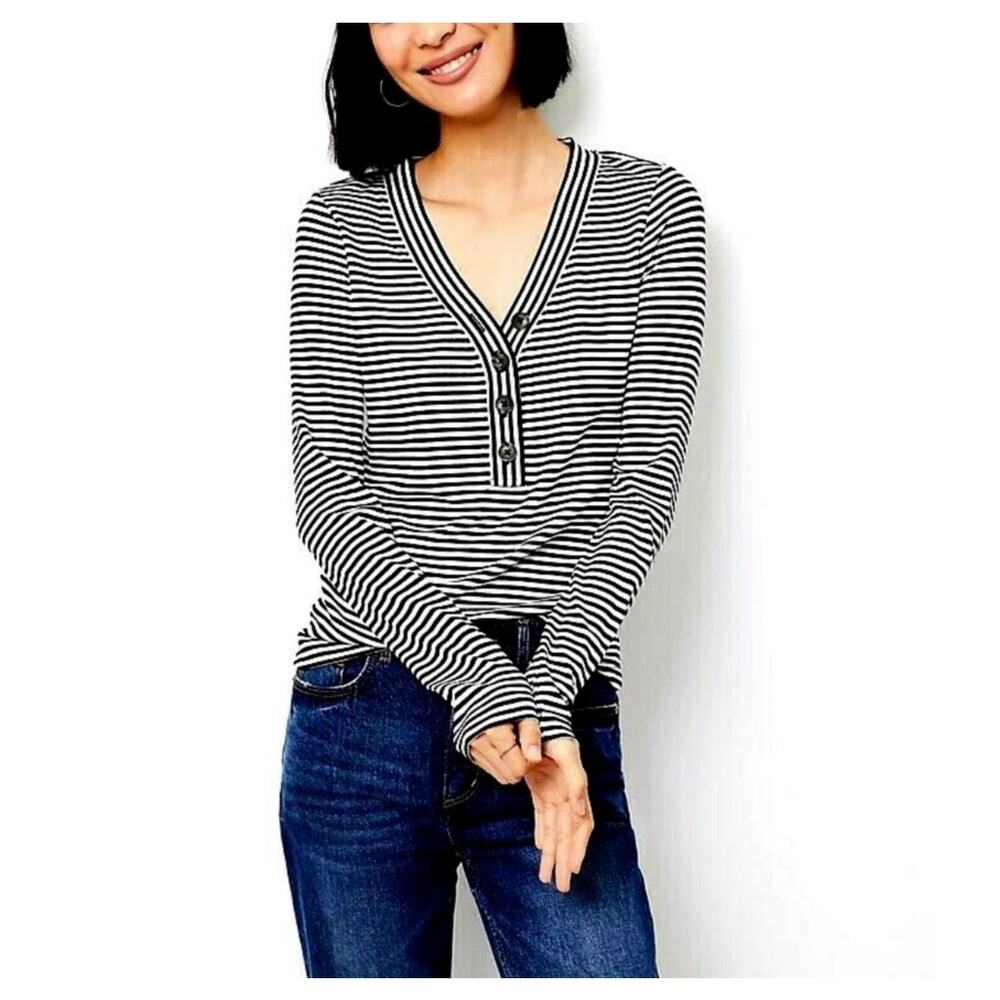 LOFT Striped Long Sleeve Ribbed Henley Shimmer Black and White Tee Size Small